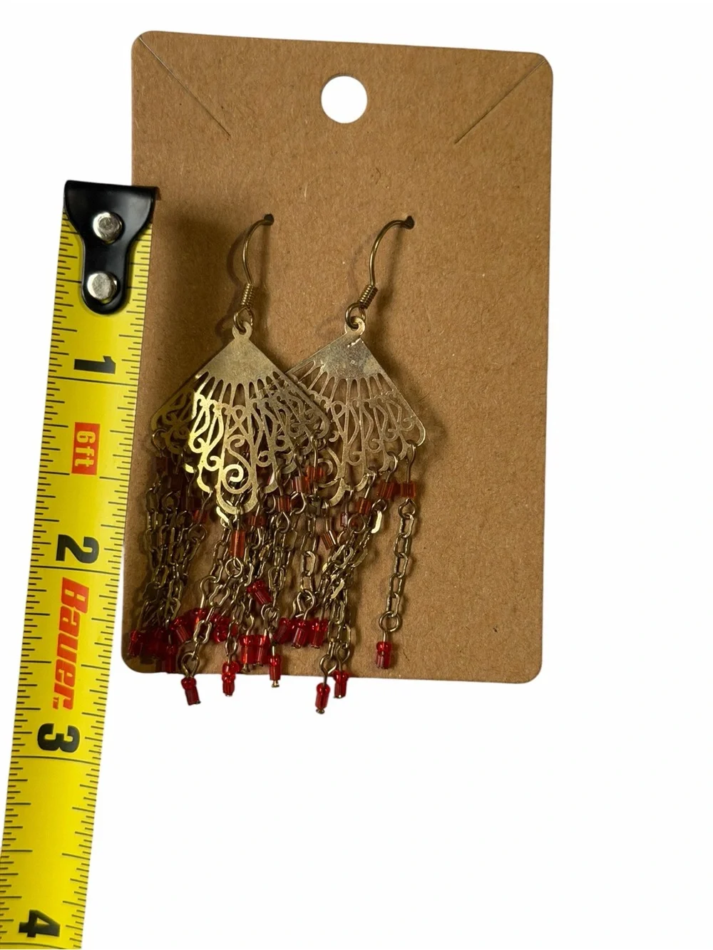 Gold Filigree Dangle Earrings with Red Beads